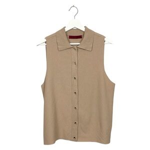 Scarlett Camel Button-Down Sleeveless Knit Shirt